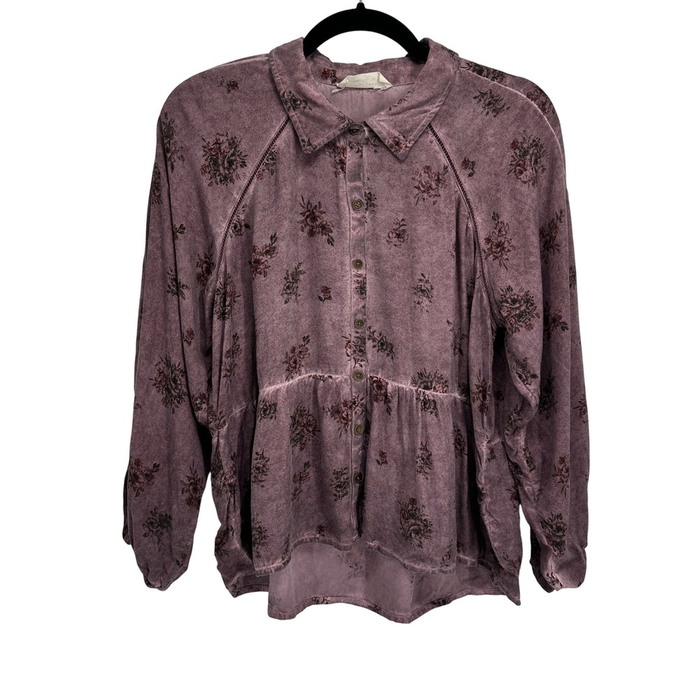 Lucky Brand Women M Mauve Floral Button Peplum Blouse Boho Cottagecore Top